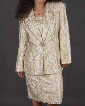 Lily & Taylor Ivory and Gold Floral French Guipure Lace Skirt Suit Set
